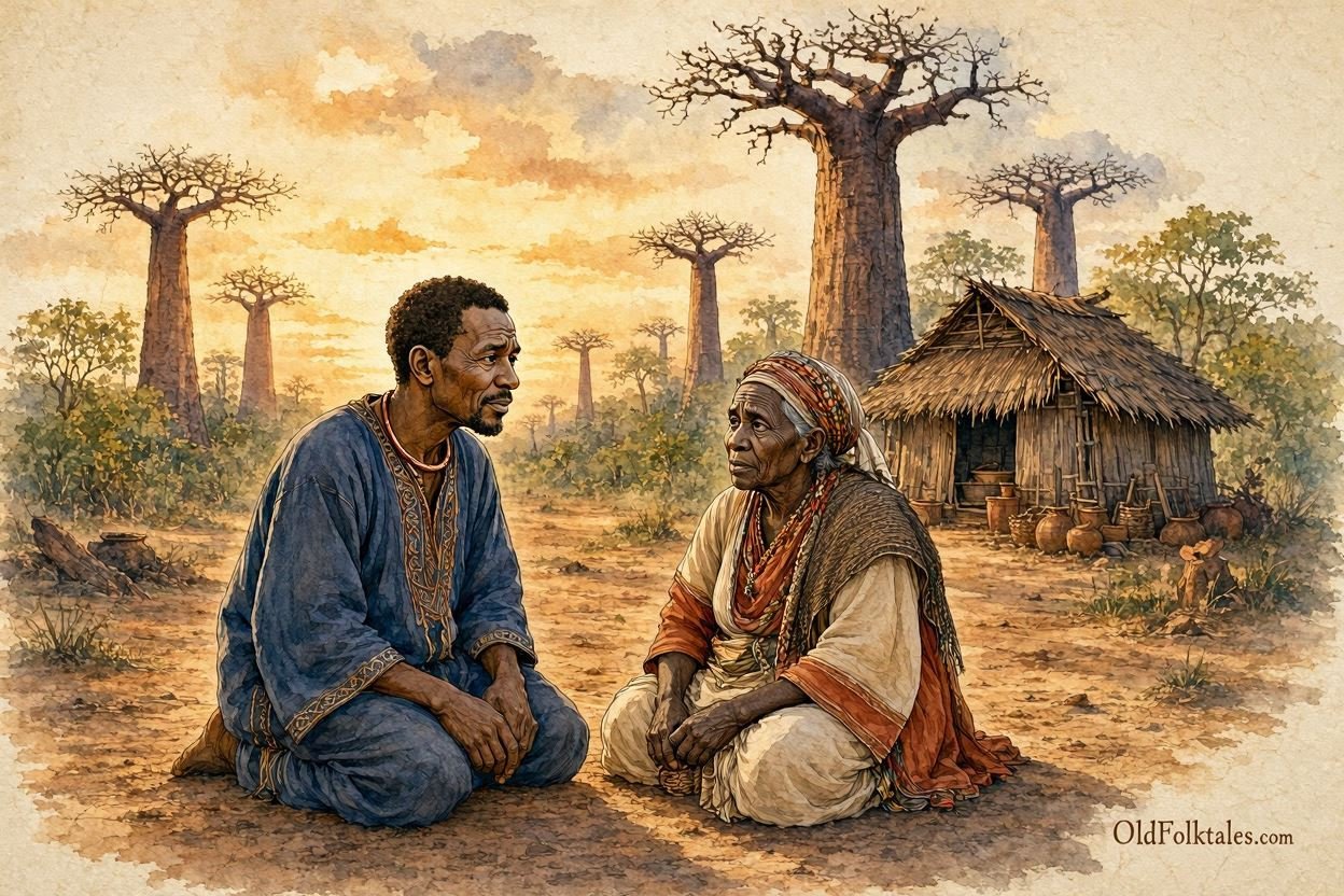 Parchment style illustration of a Mbundu king humbly apologizing to the elderly woman who once saved his life in an Angolan forest.
