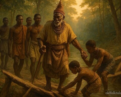 An elderly Ngbaka chief leads four men on a journey through a forest while helping villagers along the way.