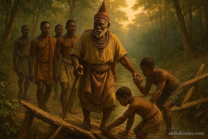 An elderly Ngbaka chief leads four men on a journey through a forest while helping villagers along the way.