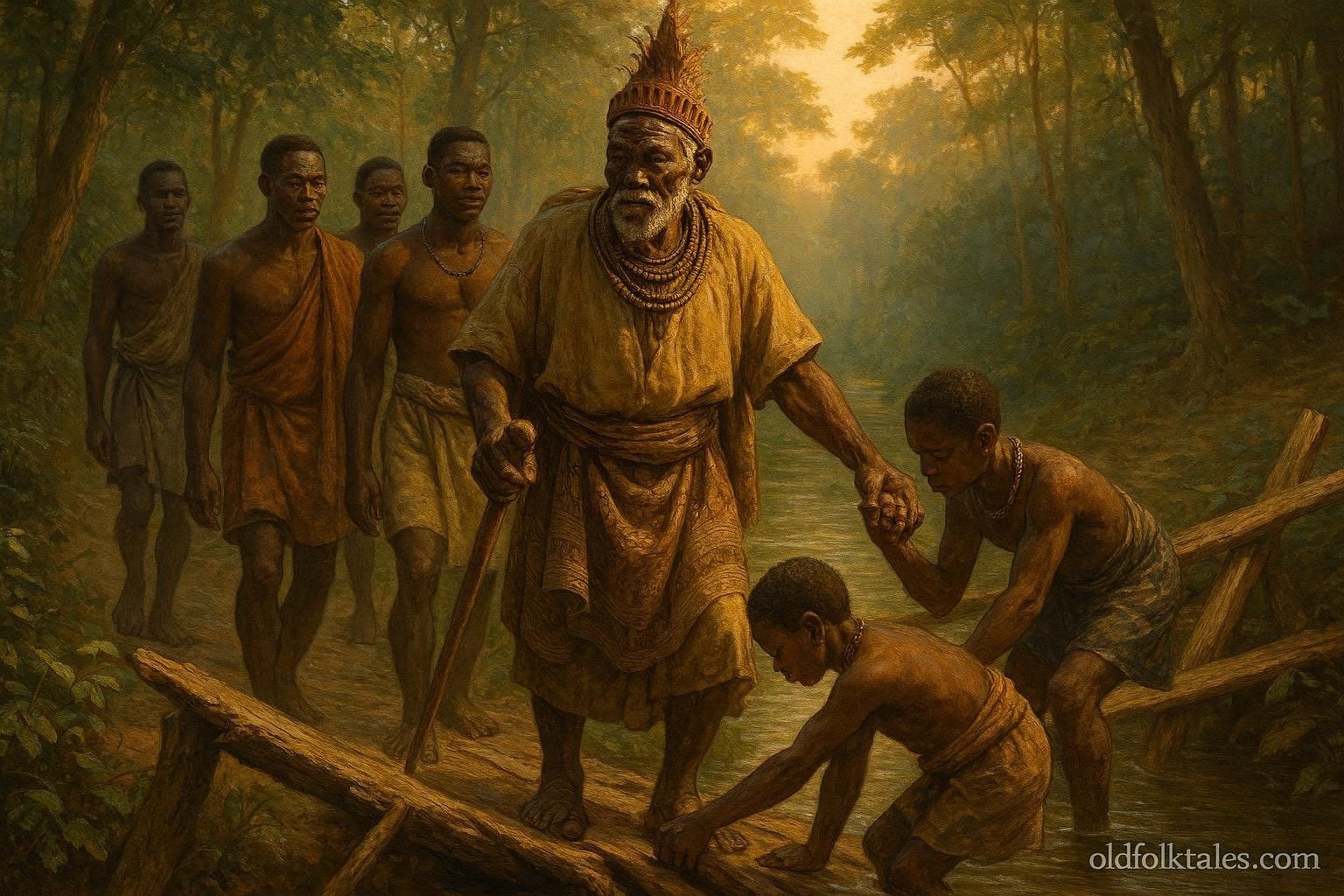 An elderly Ngbaka chief leads four men on a journey through a forest while helping villagers along the way.