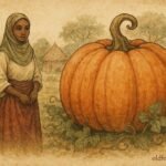 Parchment-style illustration of a Hausa maiden beside a giant magical pumpkin in Northern Nigeria.