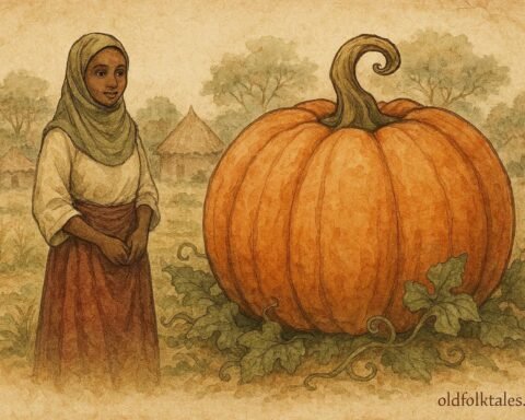 Parchment-style illustration of a Hausa maiden beside a giant magical pumpkin in Northern Nigeria.