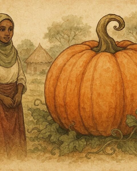 Parchment-style illustration of a Hausa maiden beside a giant magical pumpkin in Northern Nigeria.