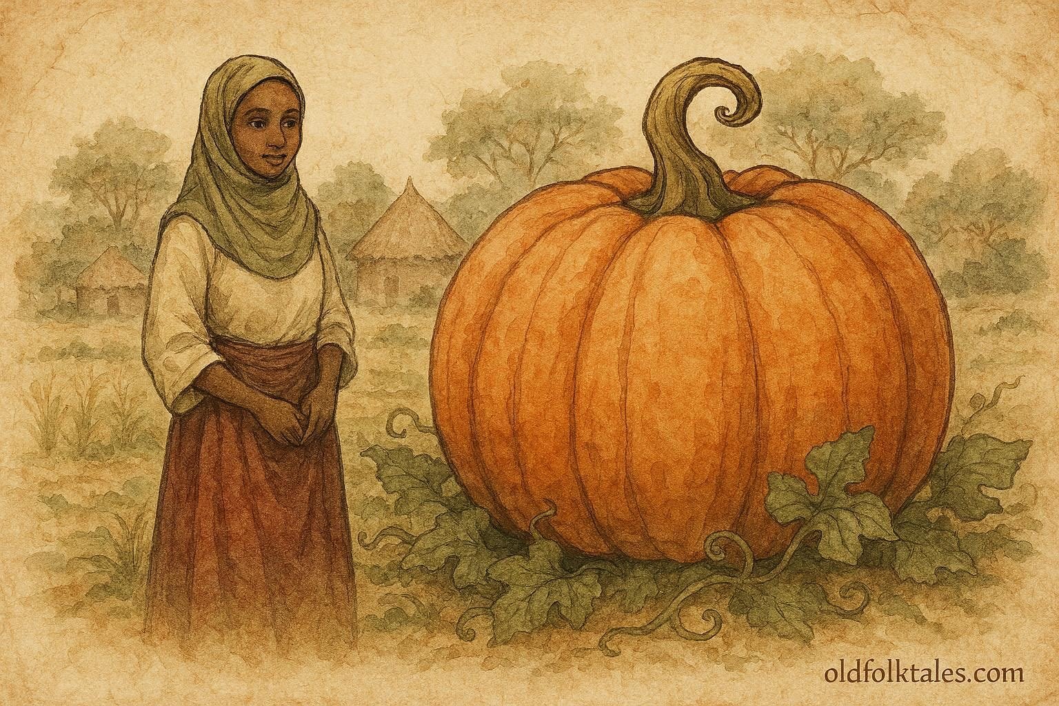 Parchment-style illustration of a Hausa maiden beside a giant magical pumpkin in Northern Nigeria.