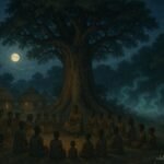 Villagers gathered beneath a tree at night as mysterious whispers rise from a nearby forest.