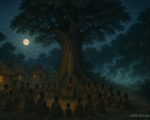 Villagers gathered beneath a tree at night as mysterious whispers rise from a nearby forest.