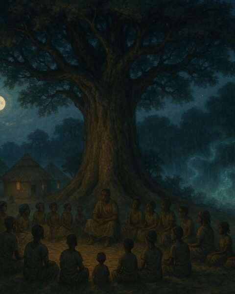 Villagers gathered beneath a tree at night as mysterious whispers rise from a nearby forest.