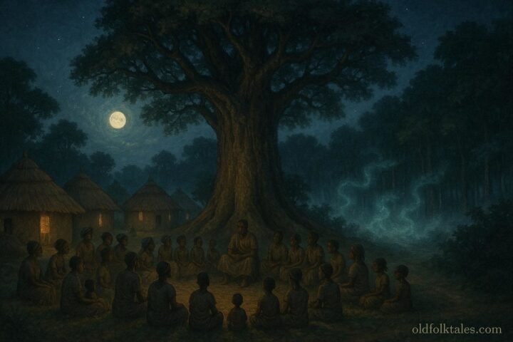 Villagers gathered beneath a tree at night as mysterious whispers rise from a nearby forest.