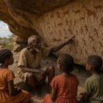 Village elder teaching children about the ancient Mwela Rock Paintings in Northern Zambia.