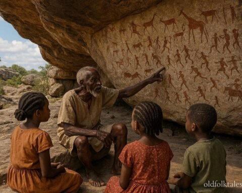 Village elder teaching children about the ancient Mwela Rock Paintings in Northern Zambia.