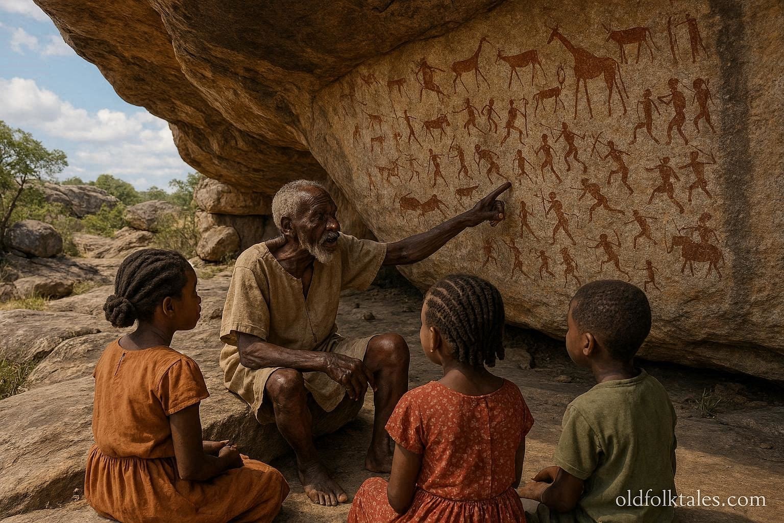 Village elder teaching children about the ancient Mwela Rock Paintings in Northern Zambia.