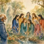 Parchment style illustration of an elderly pilgrim meeting the seven daughters of the Good Afrita in an enchanted Moroccan garden.