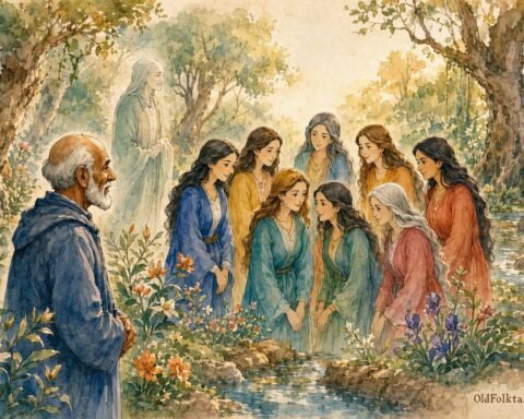 Parchment style illustration of an elderly pilgrim meeting the seven daughters of the Good Afrita in an enchanted Moroccan garden.