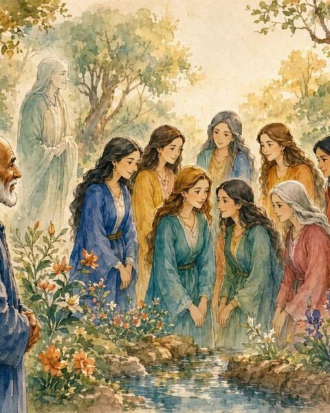 Parchment style illustration of an elderly pilgrim meeting the seven daughters of the Good Afrita in an enchanted Moroccan garden.