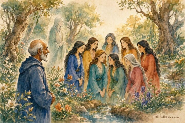 Parchment style illustration of an elderly pilgrim meeting the seven daughters of the Good Afrita in an enchanted Moroccan garden.