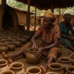 Traditional potters shaping handmade clay vessels in Kouma, Togo.