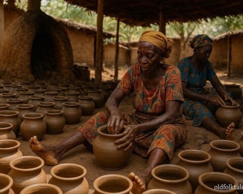 Traditional potters shaping handmade clay vessels in Kouma, Togo.