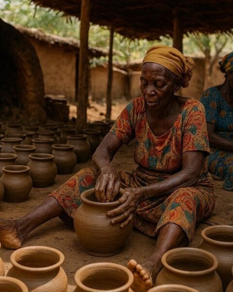 Traditional potters shaping handmade clay vessels in Kouma, Togo.