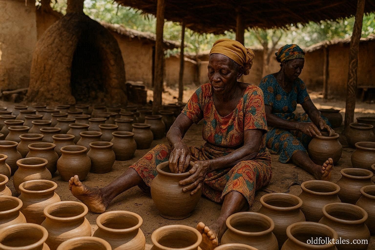 Traditional potters shaping handmade clay vessels in Kouma, Togo.