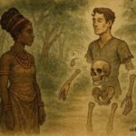 Parchment style illustration of Afiong watching a handsome stranger transform into a skull in an Efik folktale from Southern Nigeria.