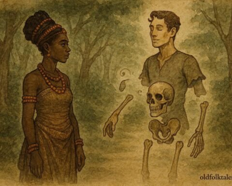 Parchment style illustration of Afiong watching a handsome stranger transform into a skull in an Efik folktale from Southern Nigeria.