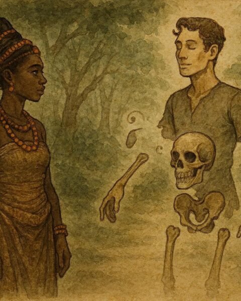 Parchment style illustration of Afiong watching a handsome stranger transform into a skull in an Efik folktale from Southern Nigeria.
