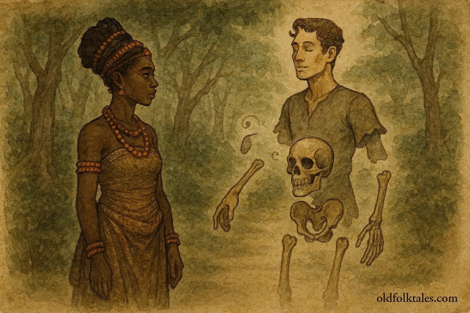 Parchment style illustration of Afiong watching a handsome stranger transform into a skull in an Efik folktale from Southern Nigeria.