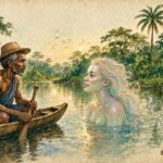 Parchment style illustration of a Mbundu fisherman meeting a glowing river spirit on a peaceful Angolan river.