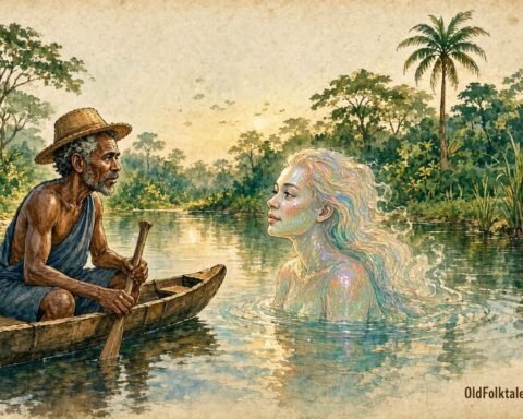 Parchment style illustration of a Mbundu fisherman meeting a glowing river spirit on a peaceful Angolan river.