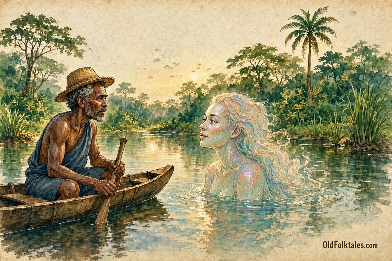Parchment style illustration of a Mbundu fisherman meeting a glowing river spirit on a peaceful Angolan river.