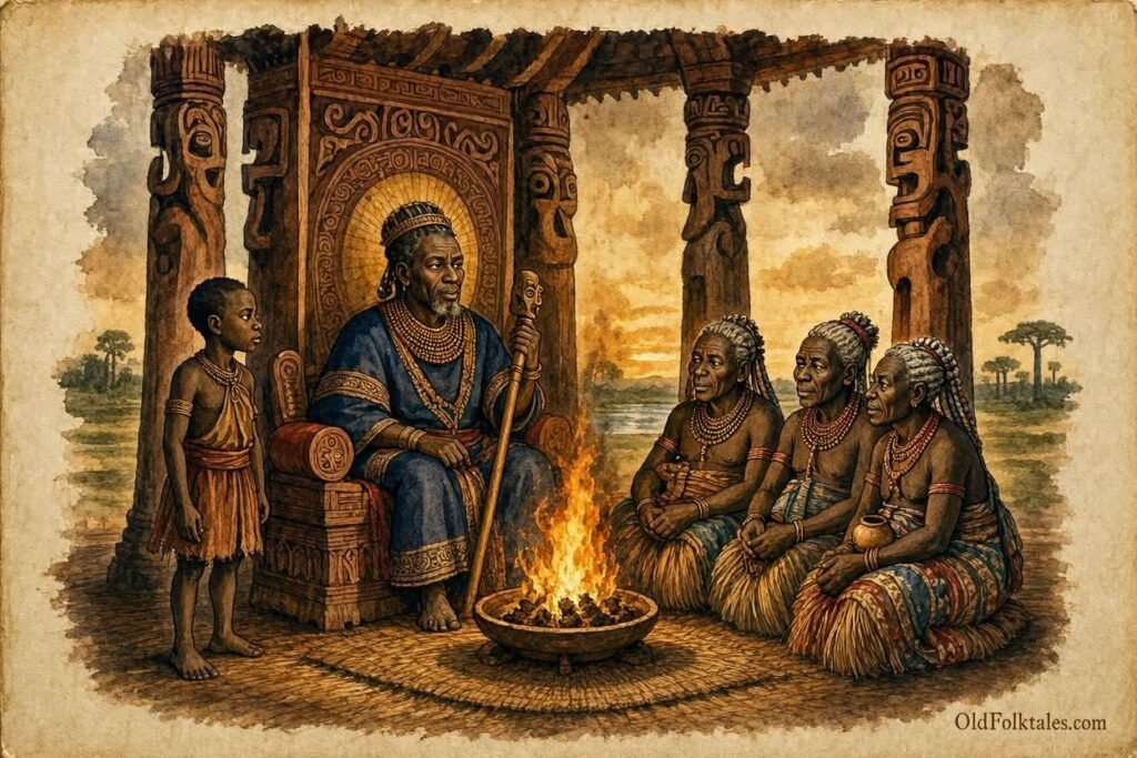 Parchment style illustration of the Sacred Fire burning in the royal pavilion of the ancient Luba Kingdom surrounded by elders and the king.