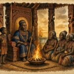 Parchment style illustration of the Sacred Fire burning in the royal pavilion of the ancient Luba Kingdom surrounded by elders and the king.
