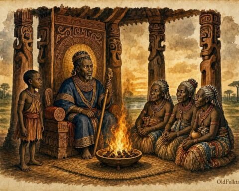 Parchment style illustration of the Sacred Fire burning in the royal pavilion of the ancient Luba Kingdom surrounded by elders and the king.