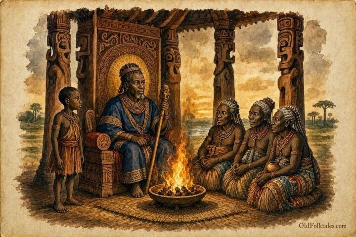 Parchment style illustration of the Sacred Fire burning in the royal pavilion of the ancient Luba Kingdom surrounded by elders and the king.