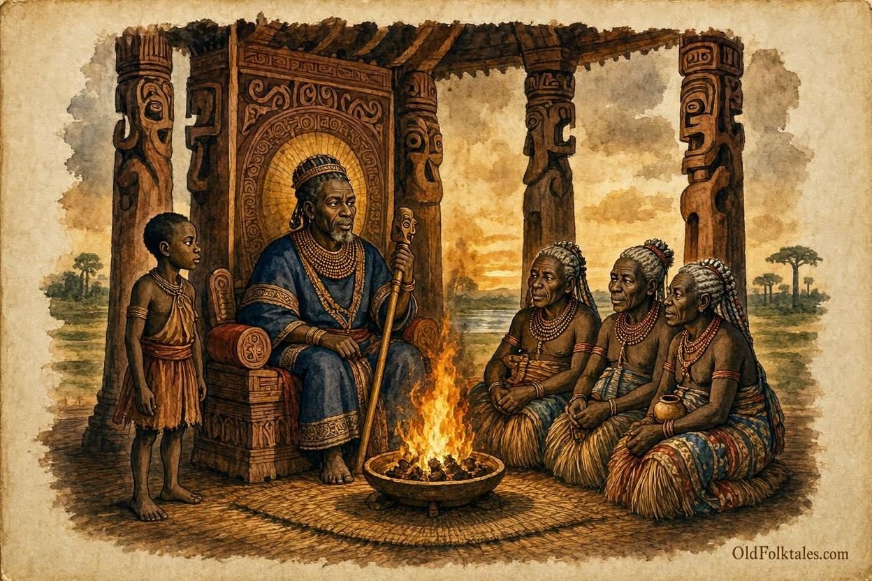 Parchment style illustration of the Sacred Fire burning in the royal pavilion of the ancient Luba Kingdom surrounded by elders and the king.