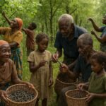 Luvale and Kaonde families harvesting mopane caterpillars in a woodland in Northwestern Zambia.