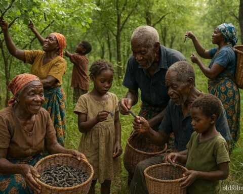 Luvale and Kaonde families harvesting mopane caterpillars in a woodland in Northwestern Zambia.