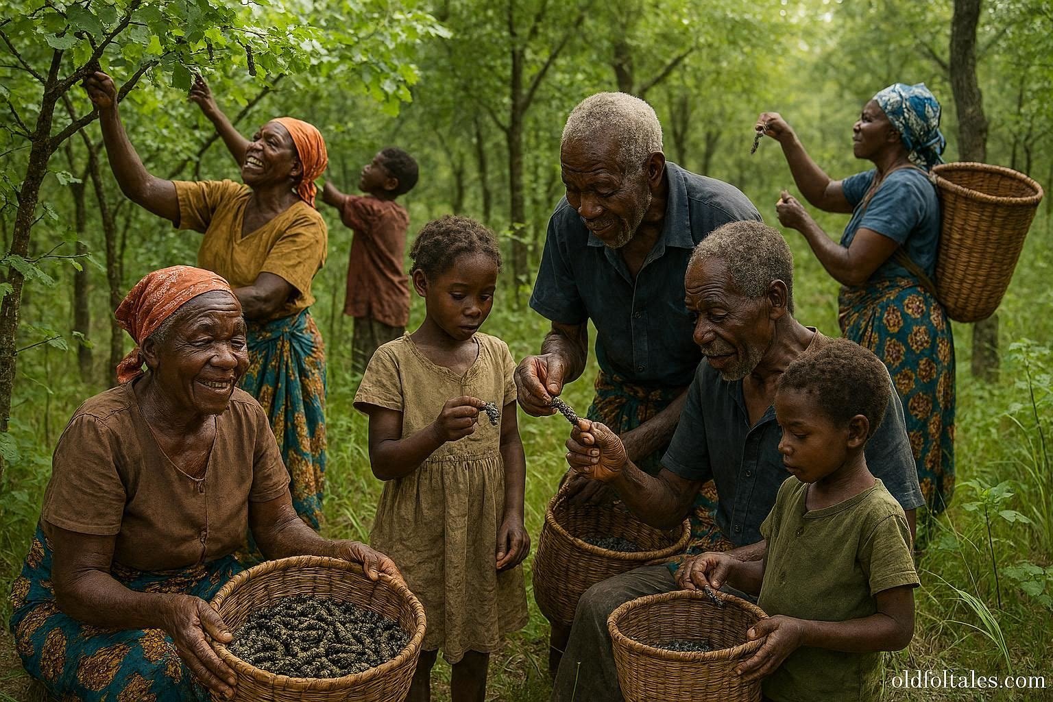 Luvale and Kaonde families harvesting mopane caterpillars in a woodland in Northwestern Zambia.