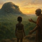 Young Bisa boy and elder overlooking the giant shaped Muchinga Mountain believed to be a sleeping guardian spirit.