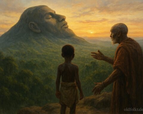 Young Bisa boy and elder overlooking the giant shaped Muchinga Mountain believed to be a sleeping guardian spirit.