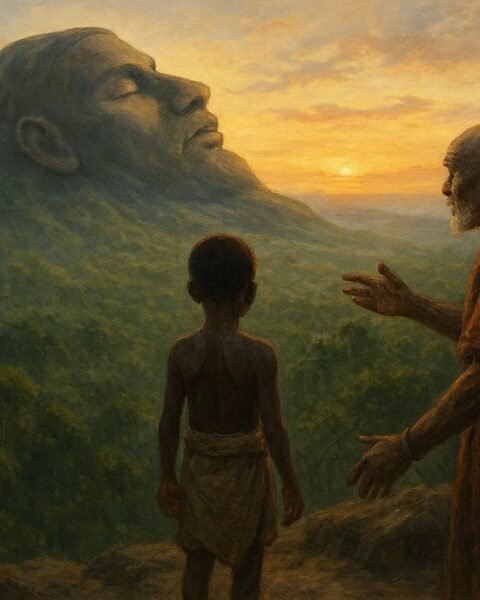 Young Bisa boy and elder overlooking the giant shaped Muchinga Mountain believed to be a sleeping guardian spirit.