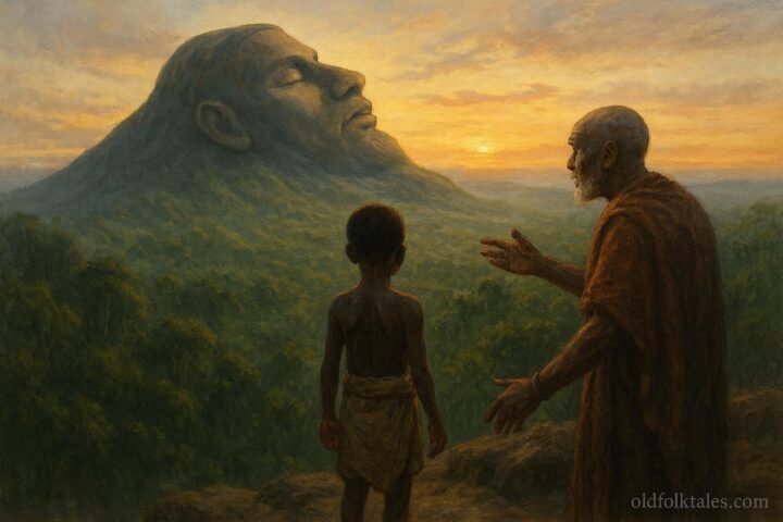 Young Bisa boy and elder overlooking the giant shaped Muchinga Mountain believed to be a sleeping guardian spirit.
