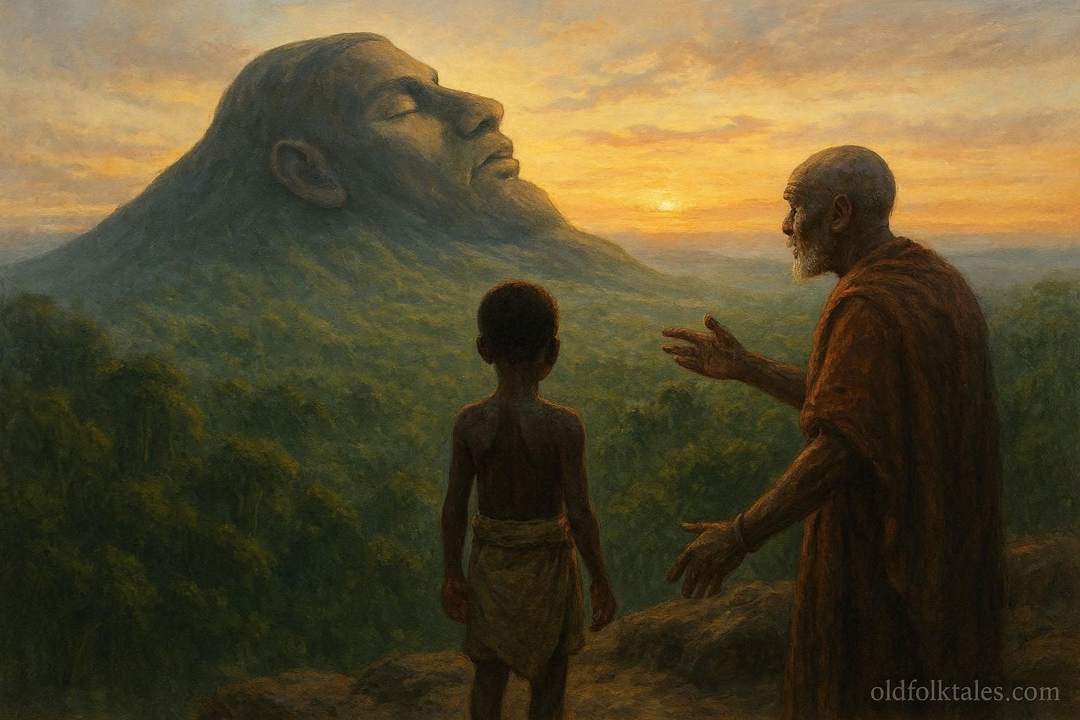 Young Bisa boy and elder overlooking the giant shaped Muchinga Mountain believed to be a sleeping guardian spirit.