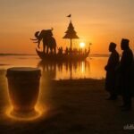 Ancient royal drum beside the Nalikwanda ceremonial barge during sunrise on the Zambezi floodplain.