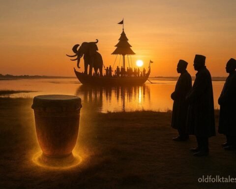 Ancient royal drum beside the Nalikwanda ceremonial barge during sunrise on the Zambezi floodplain.