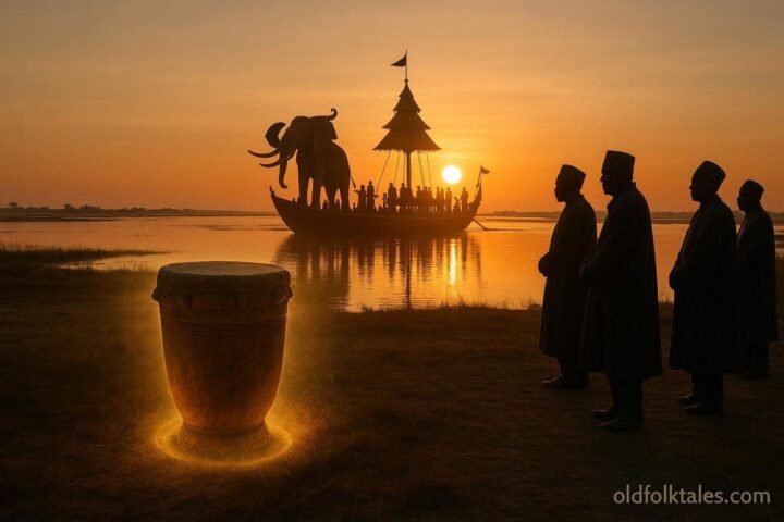 Ancient royal drum beside the Nalikwanda ceremonial barge during sunrise on the Zambezi floodplain.