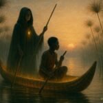 A mysterious woman guiding a young fisherman through the misty waters of Lake Bangweulu in a reed canoe.