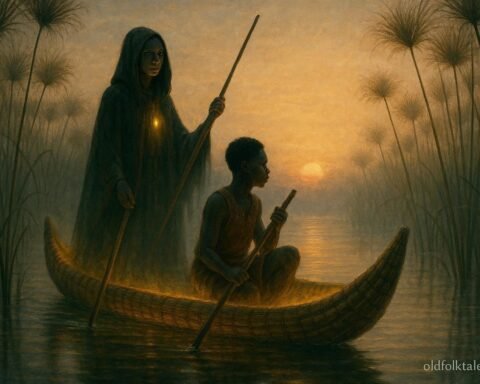 A mysterious woman guiding a young fisherman through the misty waters of Lake Bangweulu in a reed canoe.