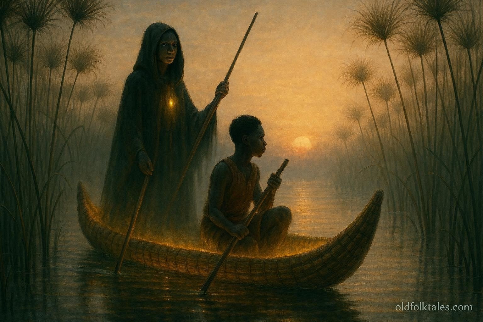 A mysterious woman guiding a young fisherman through the misty waters of Lake Bangweulu in a reed canoe.