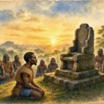 Parchment style illustration of a humble Luba prince kneeling before the sacred stone throne surrounded by village chiefs.